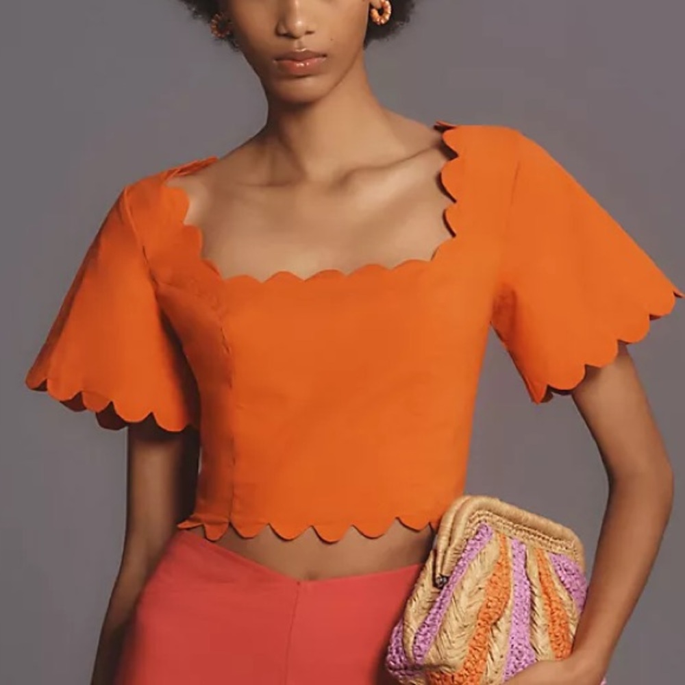 NWT Maeve Anthropologie Square-Neck Scallop Blouse Women’s Medium Orange Cropped